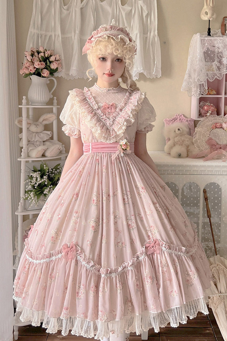 Daydream Rose Floral Jacquard Print Ruffle Embroidered Bow Sweet Lolita Dress in Three Shades