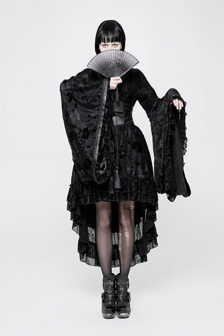 Black Long Sleeves Printed Ruffle Gothic Kimono Dress