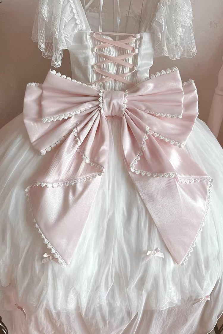 White Pink Snow of Love Ruffled Hanayome Open-Front Bow Lace Sweet Princess Dress