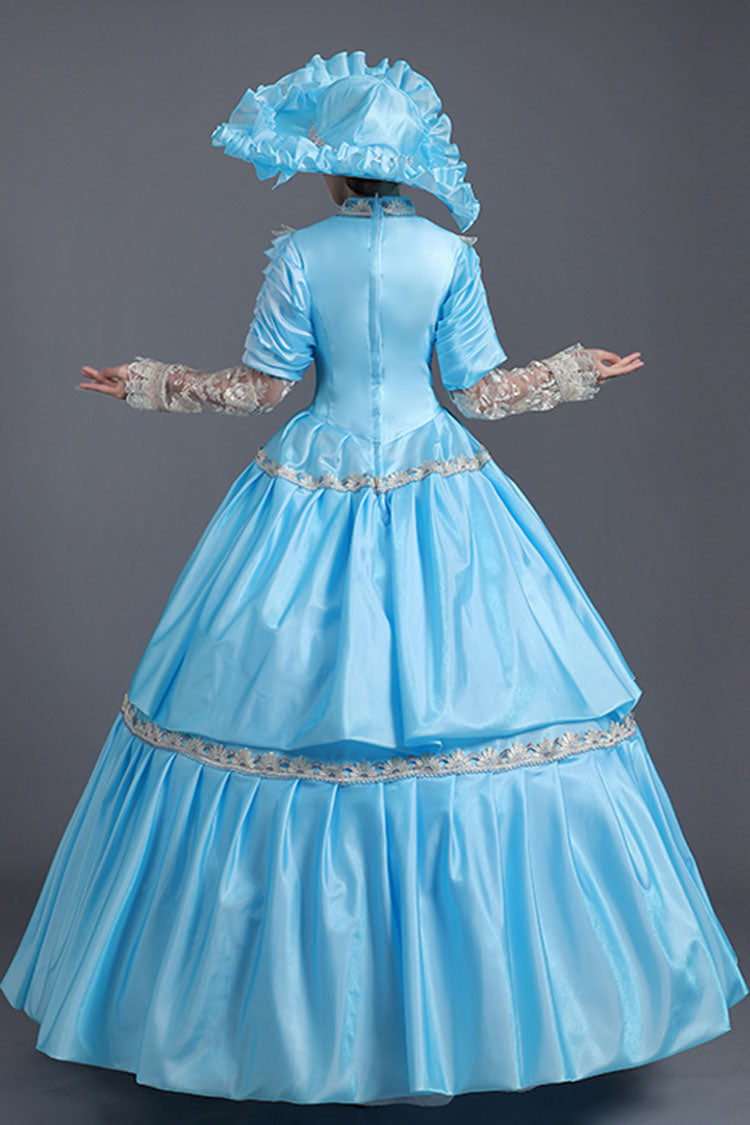 Blue Victorian Lace Dress with Floral Embroidery - Altfashion Shop