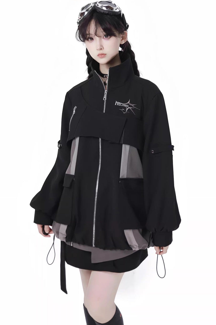 Techwear Long Sleeves Spliced Zippered Gothic Jirai Kei Skirt and Coat Set