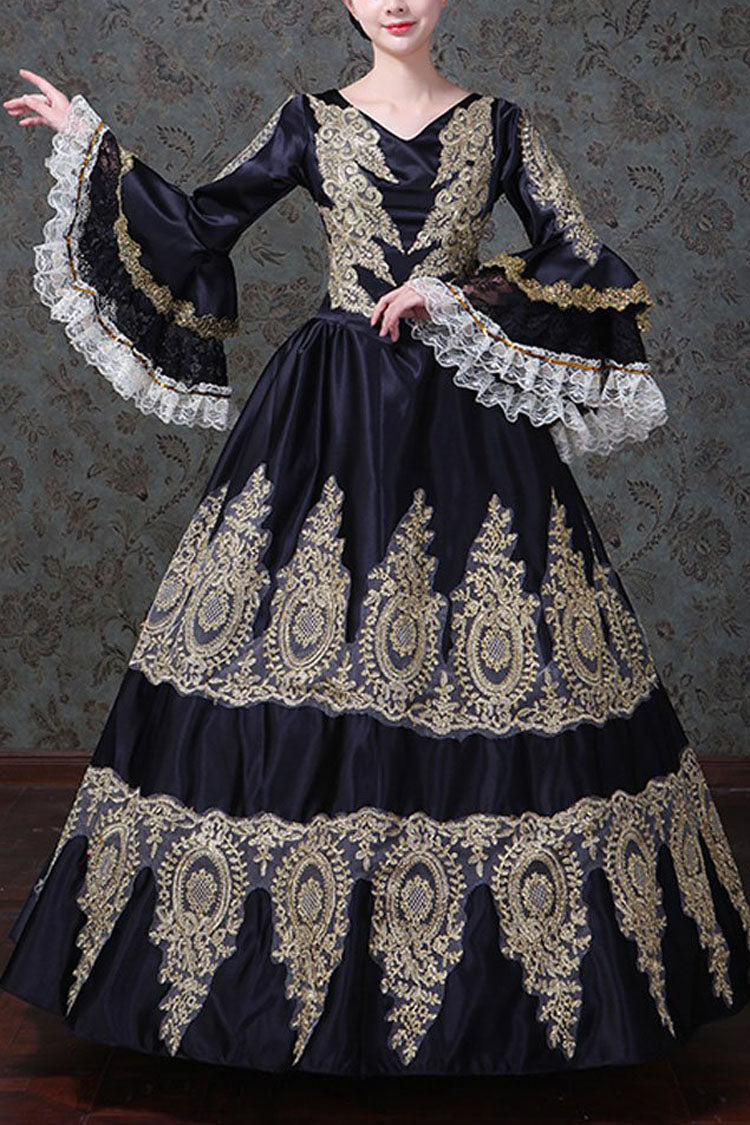 Black Hollow Embroidery Victorian Gown - High Waisted Trumpet Sleeves