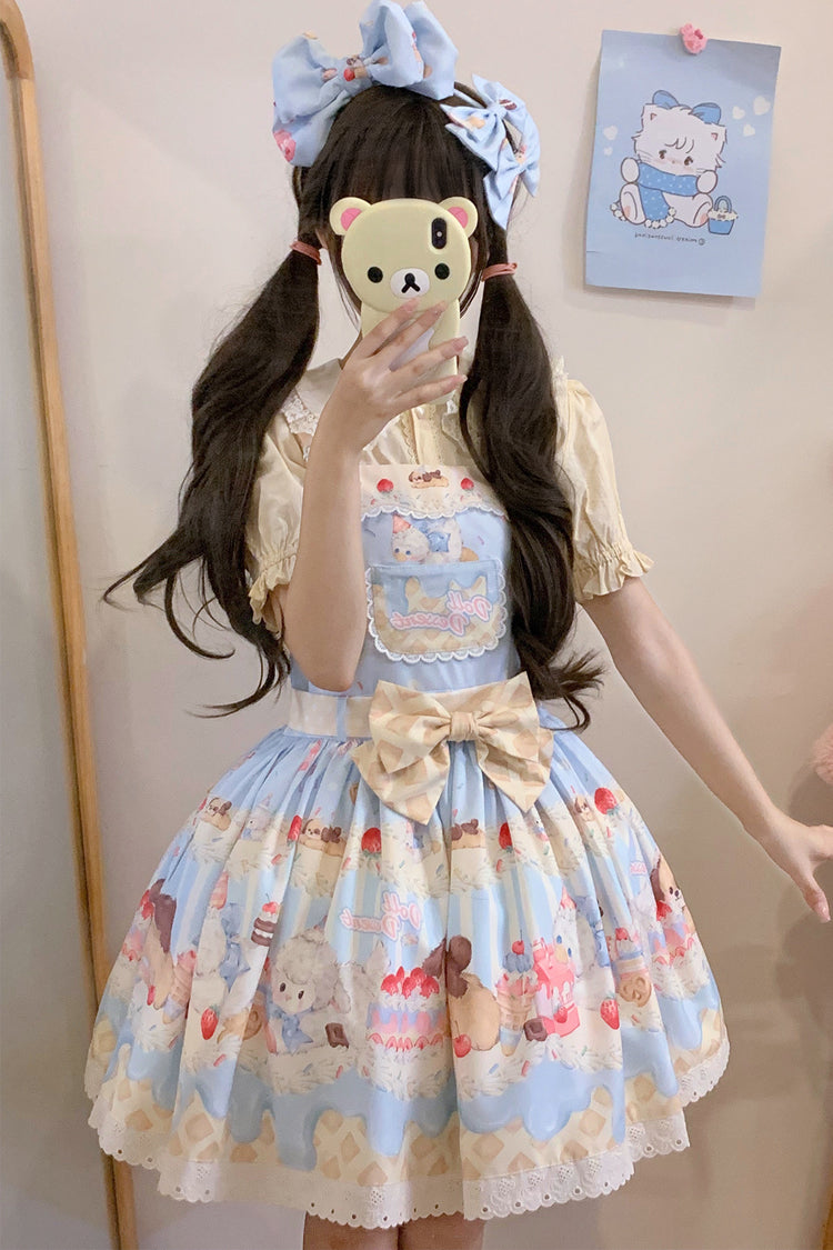 Party Print Bowknot Stitching Lace JSK Dress - Cream - Tri-Color