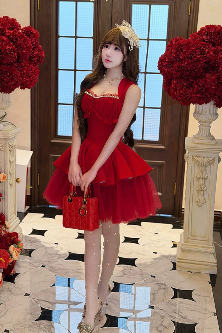 Crimson Romantic Rose Square Neck Sleeveless Ruffled Classic Ballet Lolita Gown