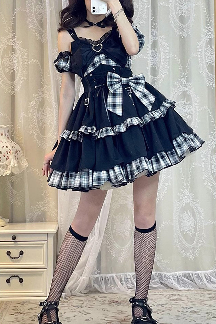 Monochrome Gothic JSK with Plaid, Leather Buckle, and Contrast Ruffles