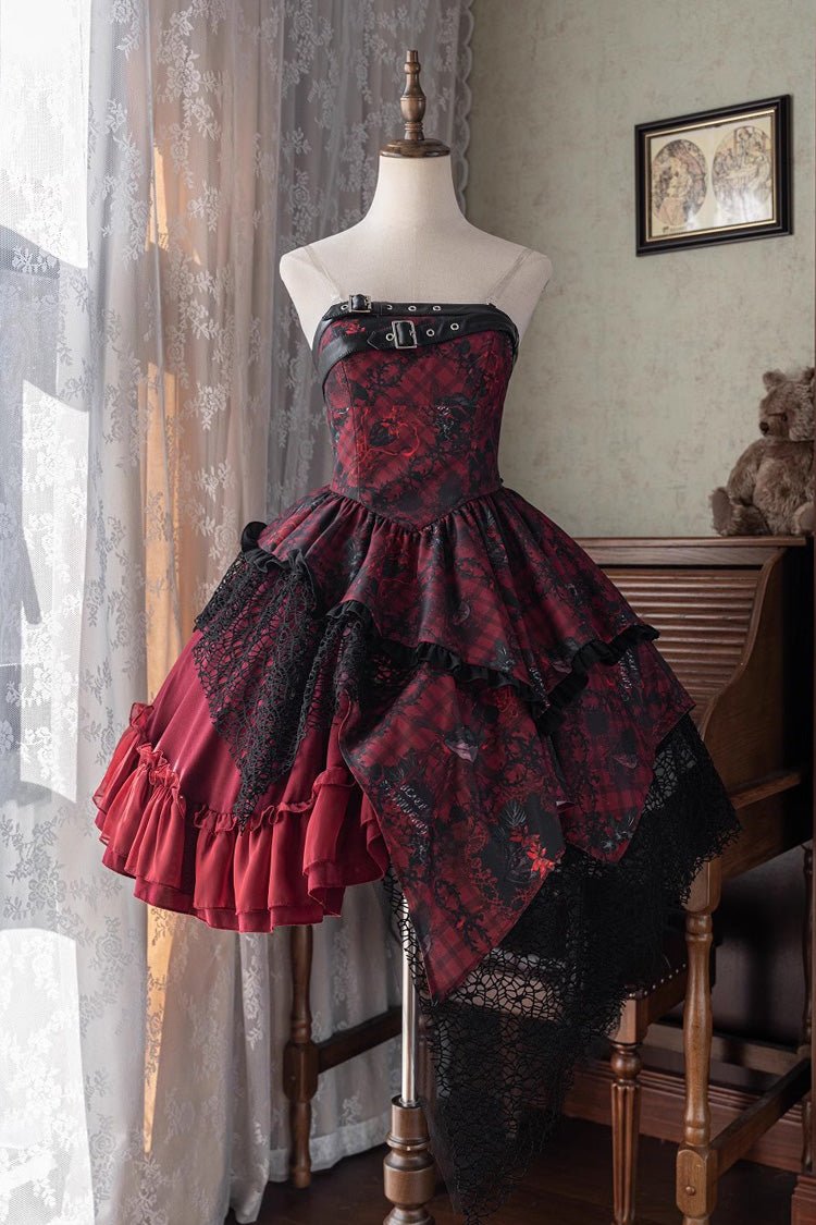 Crimson Bloody Strawberry Tears Print Sleeveless Frill Bow Lace Asymmetrical Gothic Lolita JSK