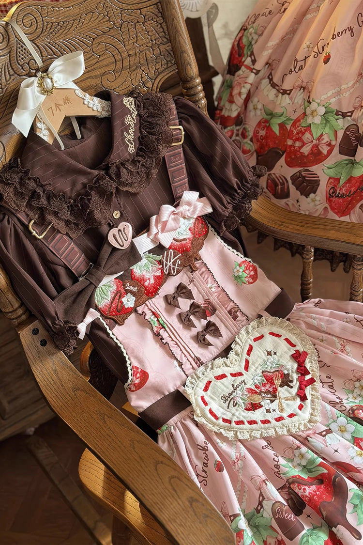 Rose Sleeveless Embroidered Bow Lace Lolita Strap Dress - Strawberry Chocolate Lover