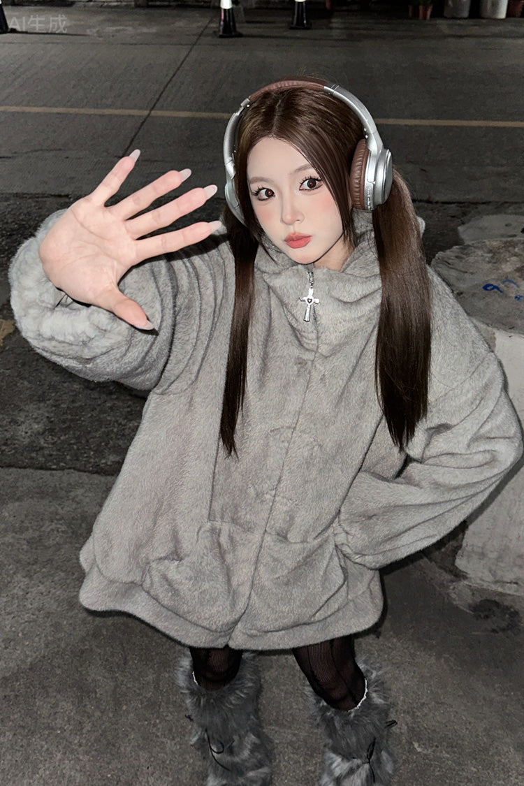 Mouse Ears Hooded Zippered Gothic Jirai Kei Coat