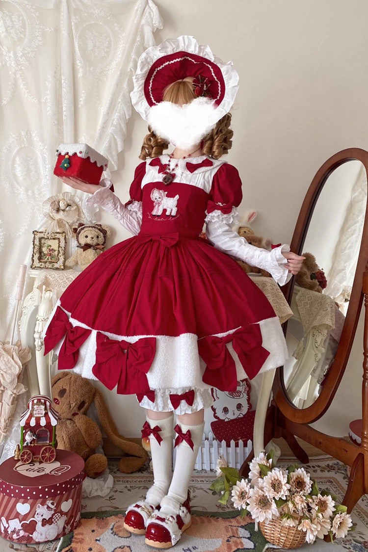 Crimson Shepherd Girl's Poem Doll Neck Short Sleeve Ruffled Bow Sweet Lolita Gown