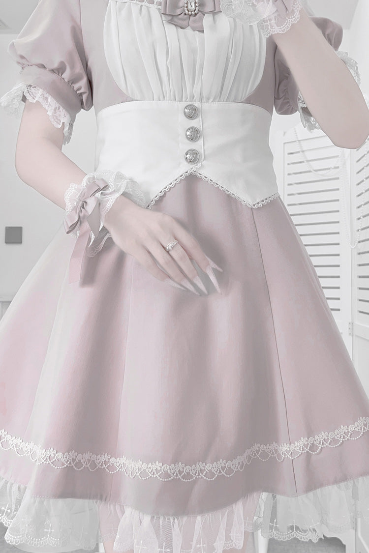 Pastel Pink Short Sleeve Ruffle Bow Cross Waist Maid Sweet Japanese Dress Set