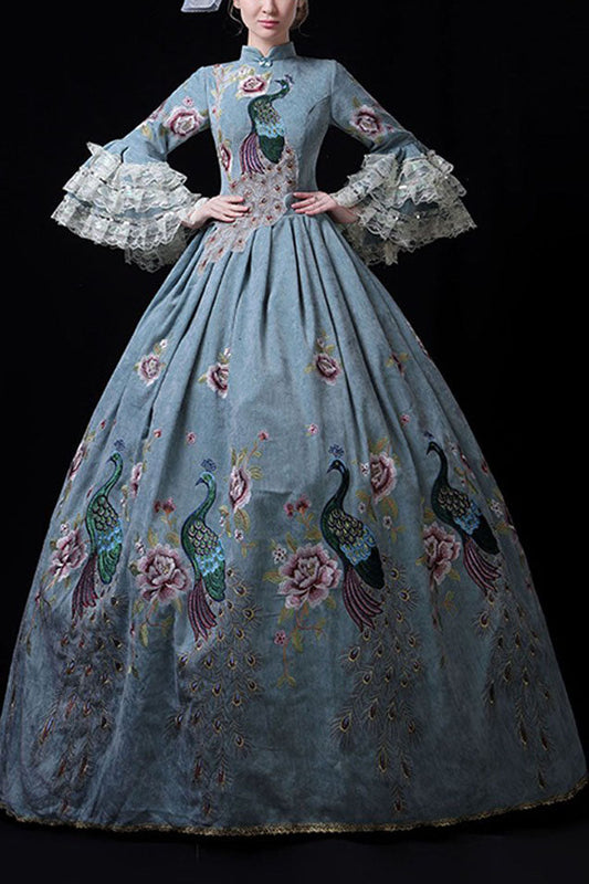 Blue Peacock Embroidery Victorian Gown - Multi-Layer Trumpet Sleeves