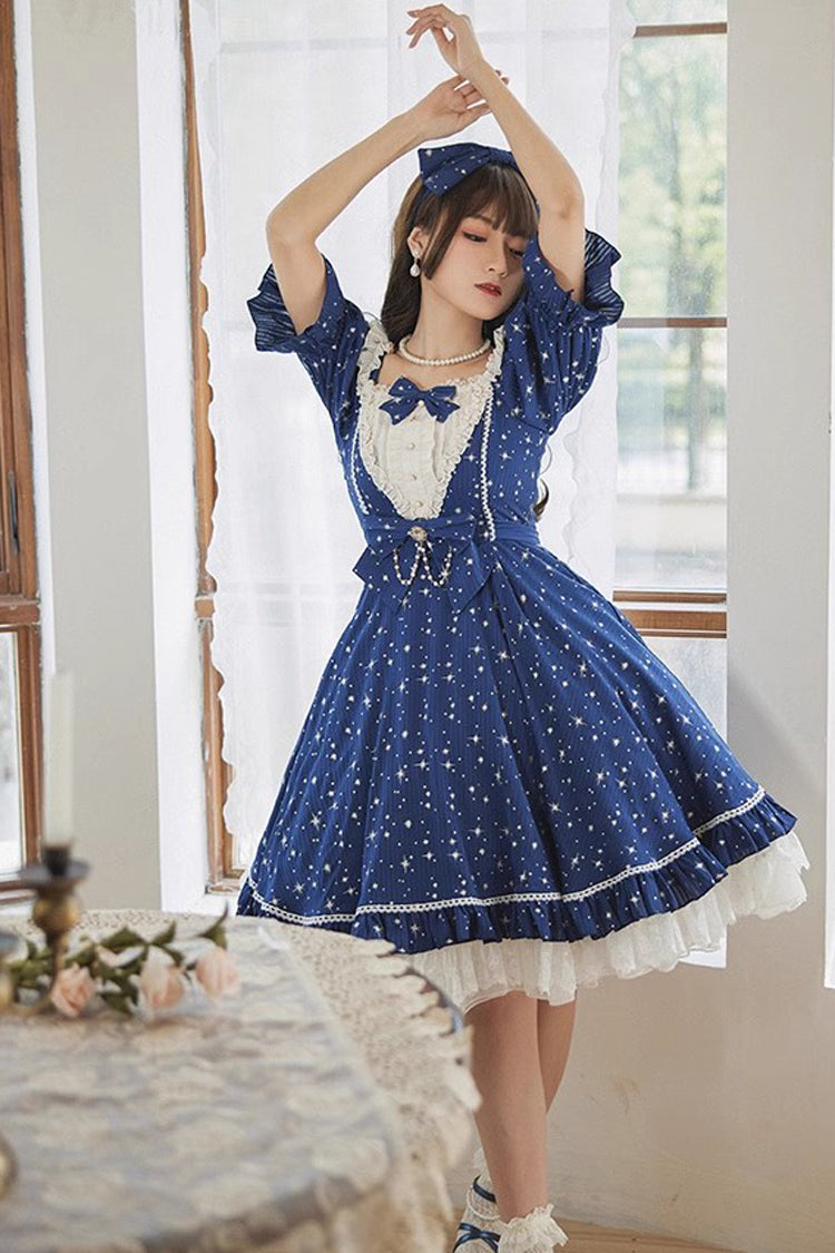 Star Print Short-Sleeved Ruffled Bowknot Sweet OP