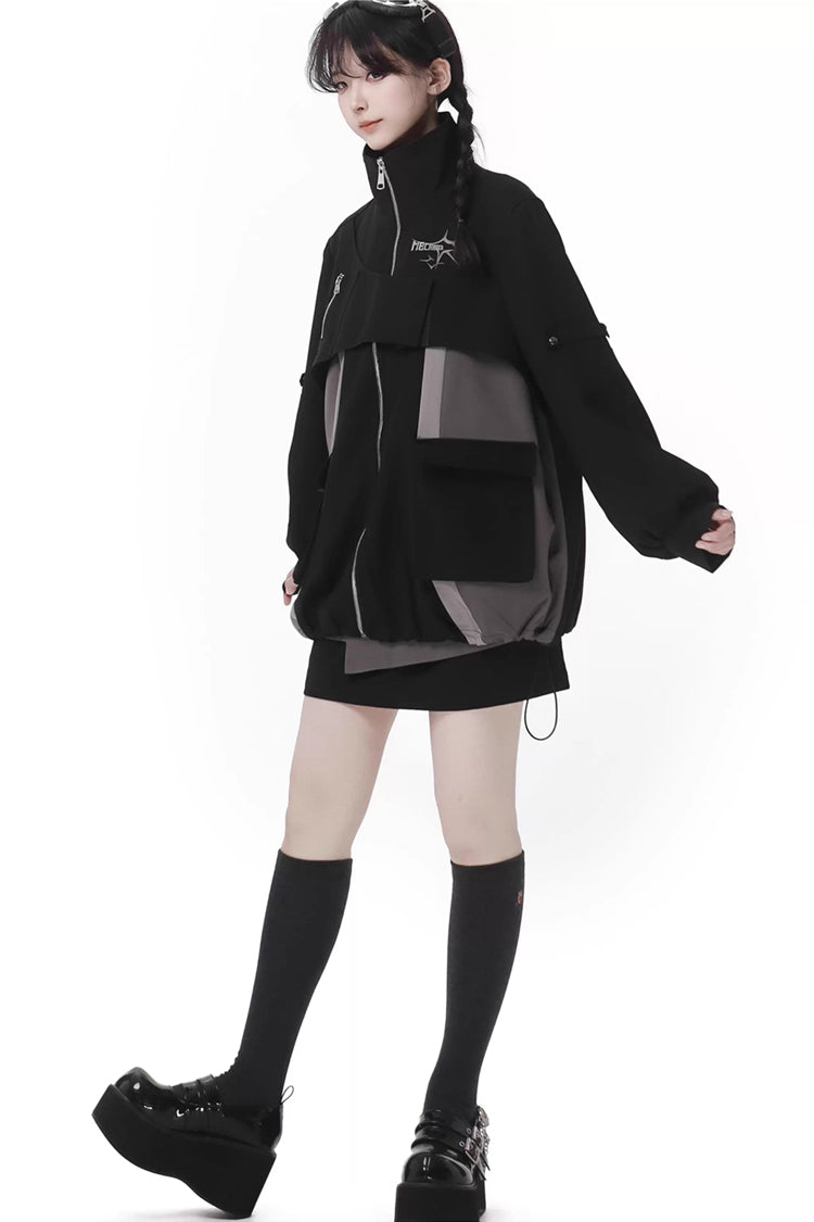 Techwear Long Sleeves Spliced Zippered Gothic Jirai Kei Skirt and Coat Set