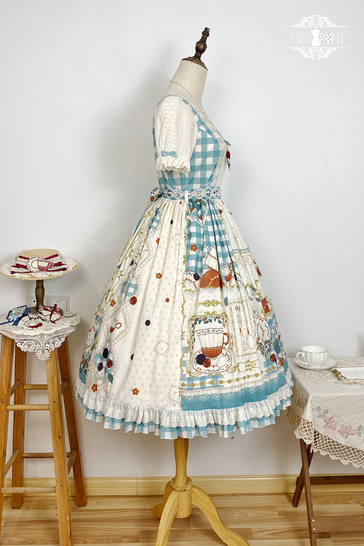 Tea Party Print Short-Sleeve Ruffle Bowknot Elegant Lolita Dress