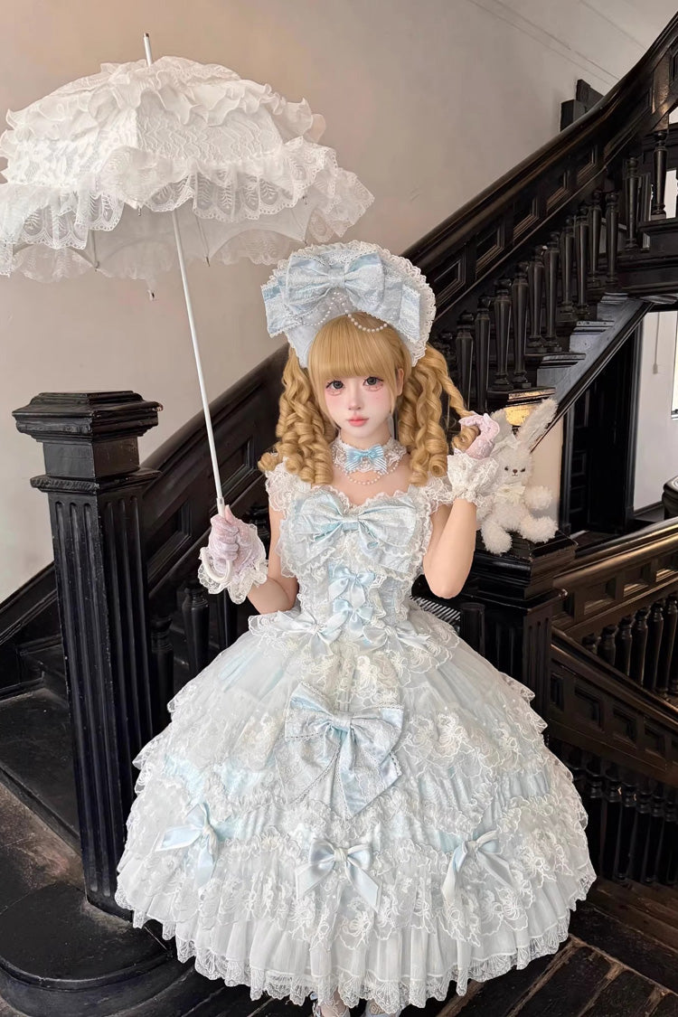 Blue Ruffled Hanayome Bow Lace Sweet Princess Lolita Jsk Dress - Sakura Dream Romance