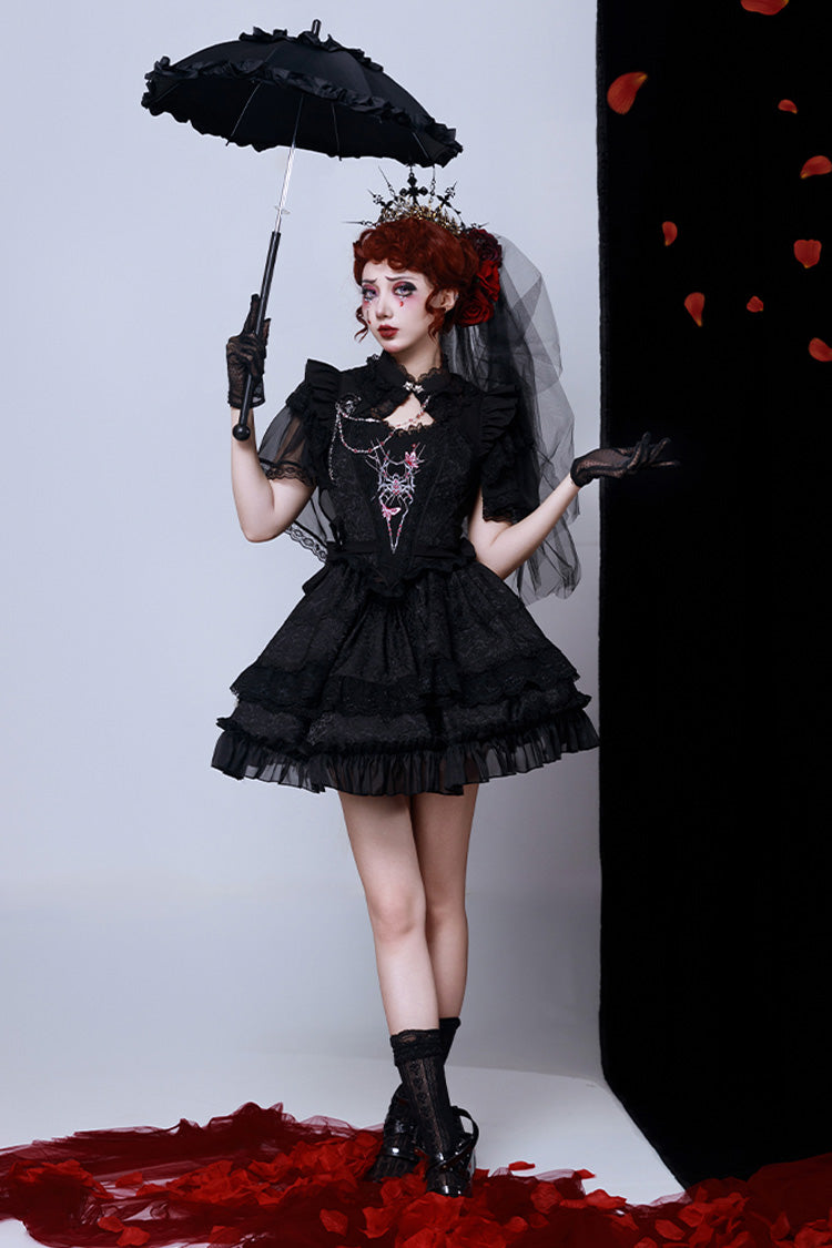 Sleeveless Gothic Lace Skirt Set with Spider Bow