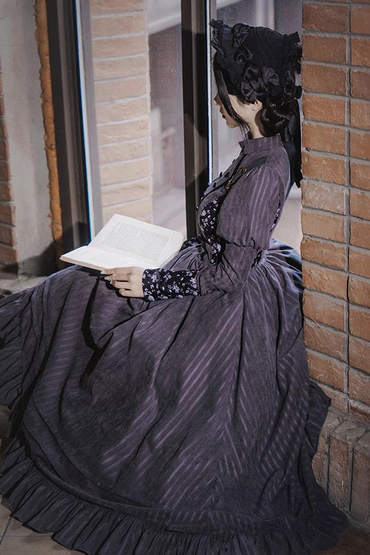 Gray Striped Long-Sleeved Classic Lolita Dress