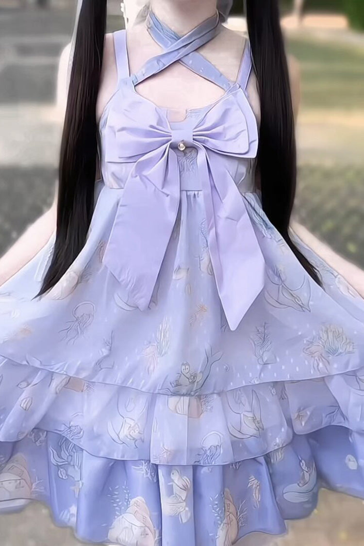 Ocean Sweetheart Halterneck Sleeveless Triple-Layered Printed Ruffled Bow Lace Sweet Strap Dress
