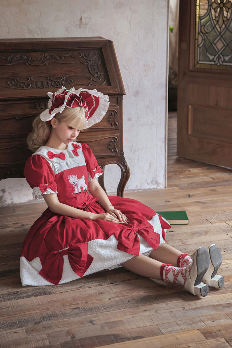 Crimson Shepherd Girl's Poem Doll Neck Short Sleeve Ruffled Bow Sweet Lolita Gown