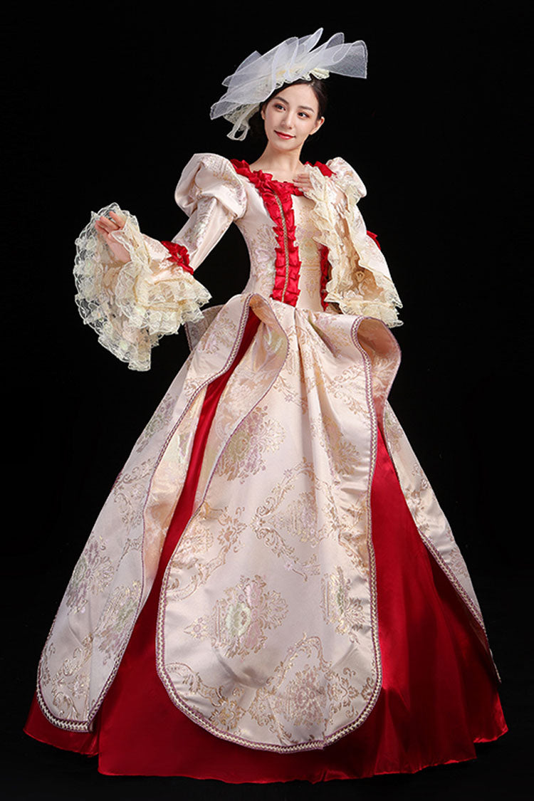 Wine Gown with Golden Stitching and Floral Embroidery - Victorian Lolita