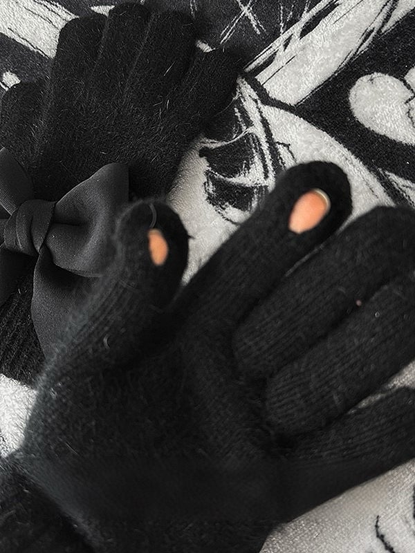 Bowknot Gothic at Black Gloves Finger Cutout Details Pads