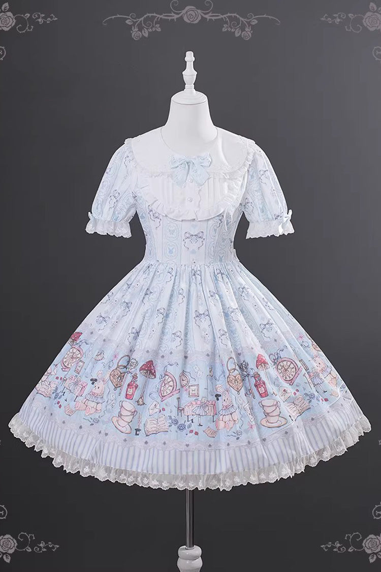 Light Blue Alice’s Fantasy Tale Doll Collar Short Sleeves Printed Bow Sweet Dress