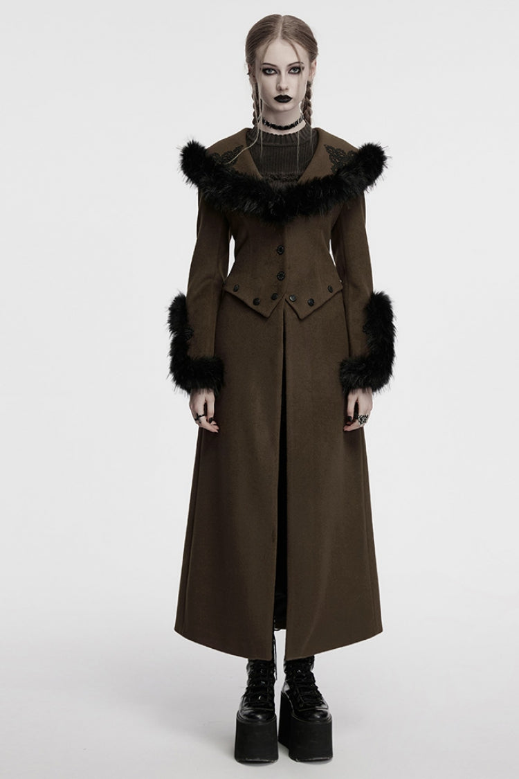 Detachable Faux Fur Trimmed Gothic Coat with Lace-Up Details