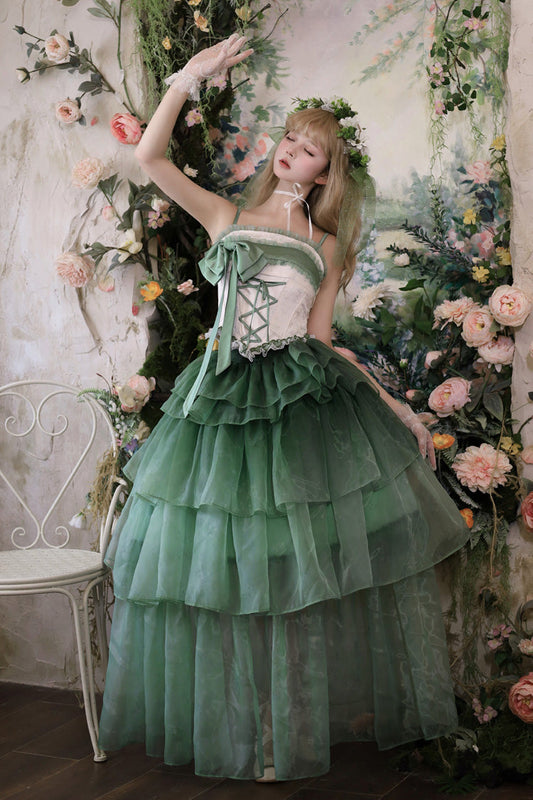 Green Sleeveless Triple-Layered Ruffled Bow Lace-Up Sweet Elegant Lolita Skirt Dress Set - Lily of the Valley in Falling Snow