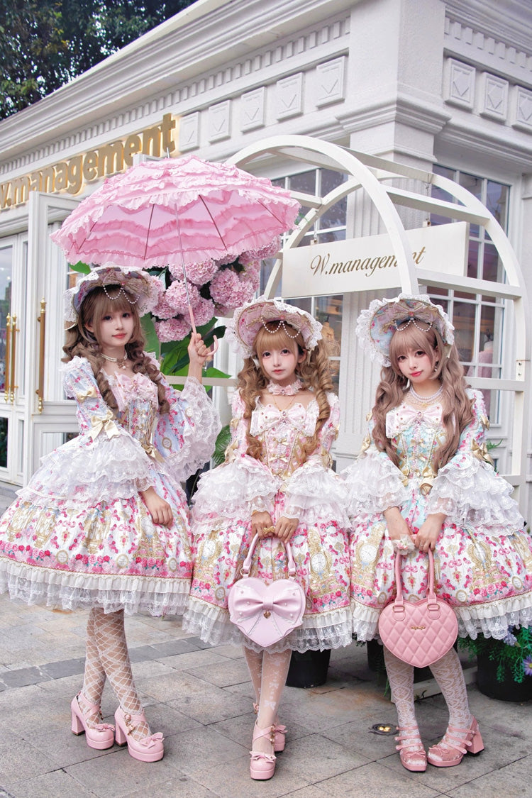 Mint Green/Pink [Rose Garden Prelude] Square Collar Long Trumpet Sleeves Printed Ruffled Bow Lace Lace-Up Sweet Lolita Dress