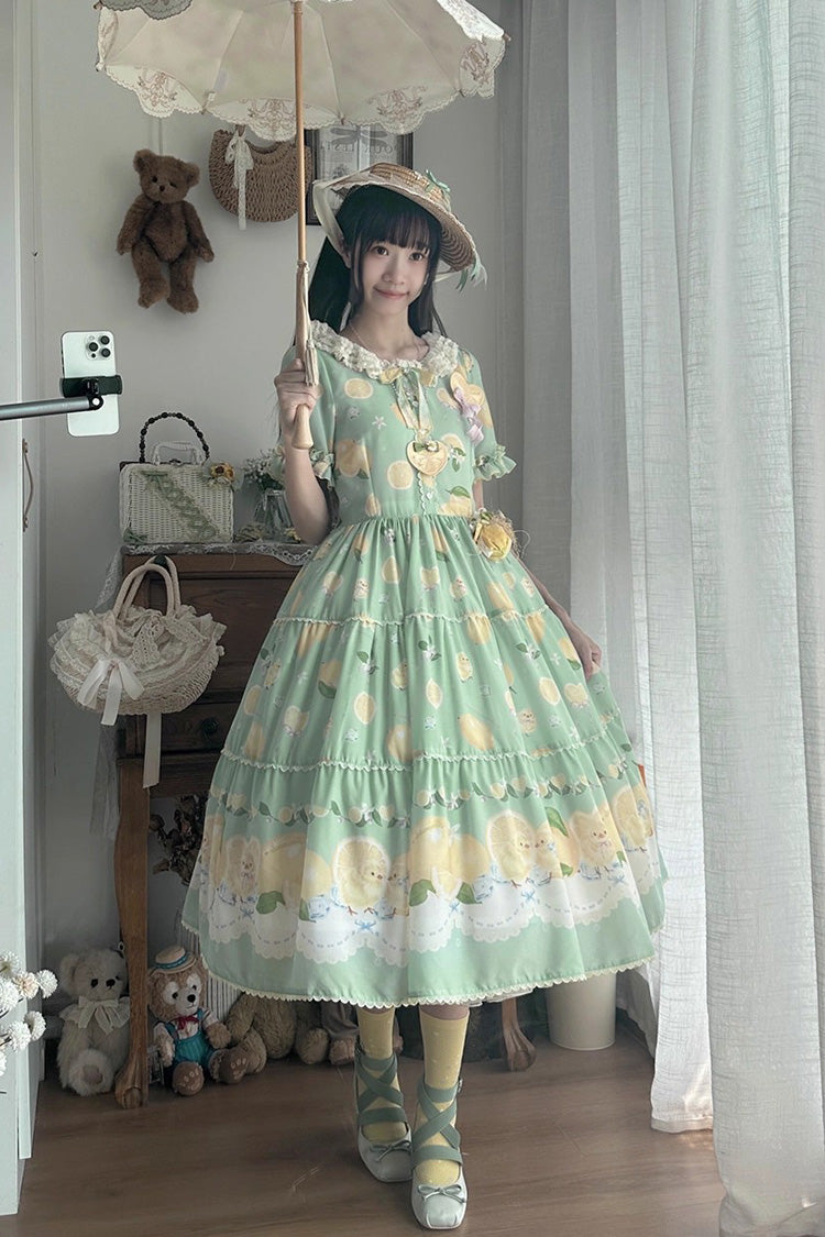 Verdant Short Sleeve Printed Ruffle Bow Lace Daily Sweet Dress - Lemon Chicken