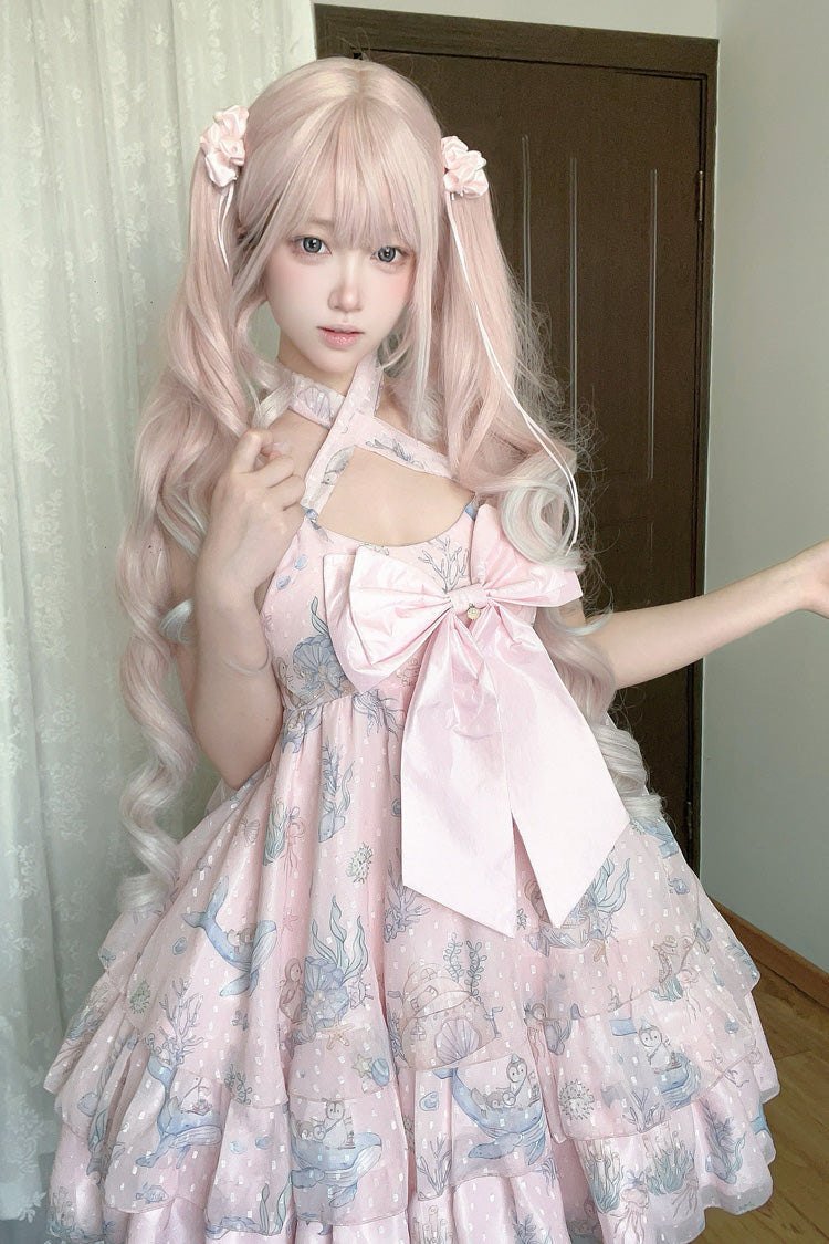 Ocean Sweetheart Halterneck Sleeveless Triple-Layered Printed Ruffled Bow Lace Sweet Strap Dress