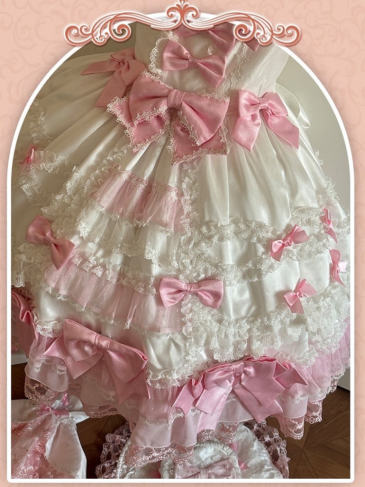 Detachable Dress High Pink Waist White Bow Sleeves with Princess Lolita Sweet Accents