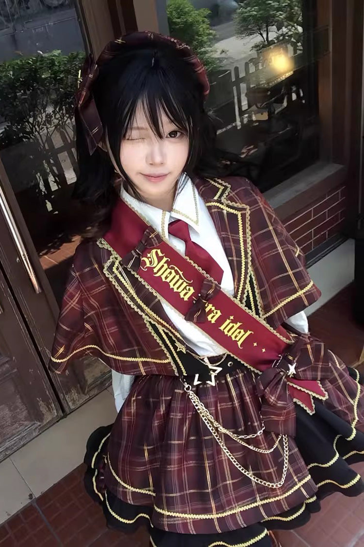 Crimson Showa Little Idol Notch Collar Long Sleeve Ruffled Open-Front Bow Asymmetric Classic Lolita Skirt Set