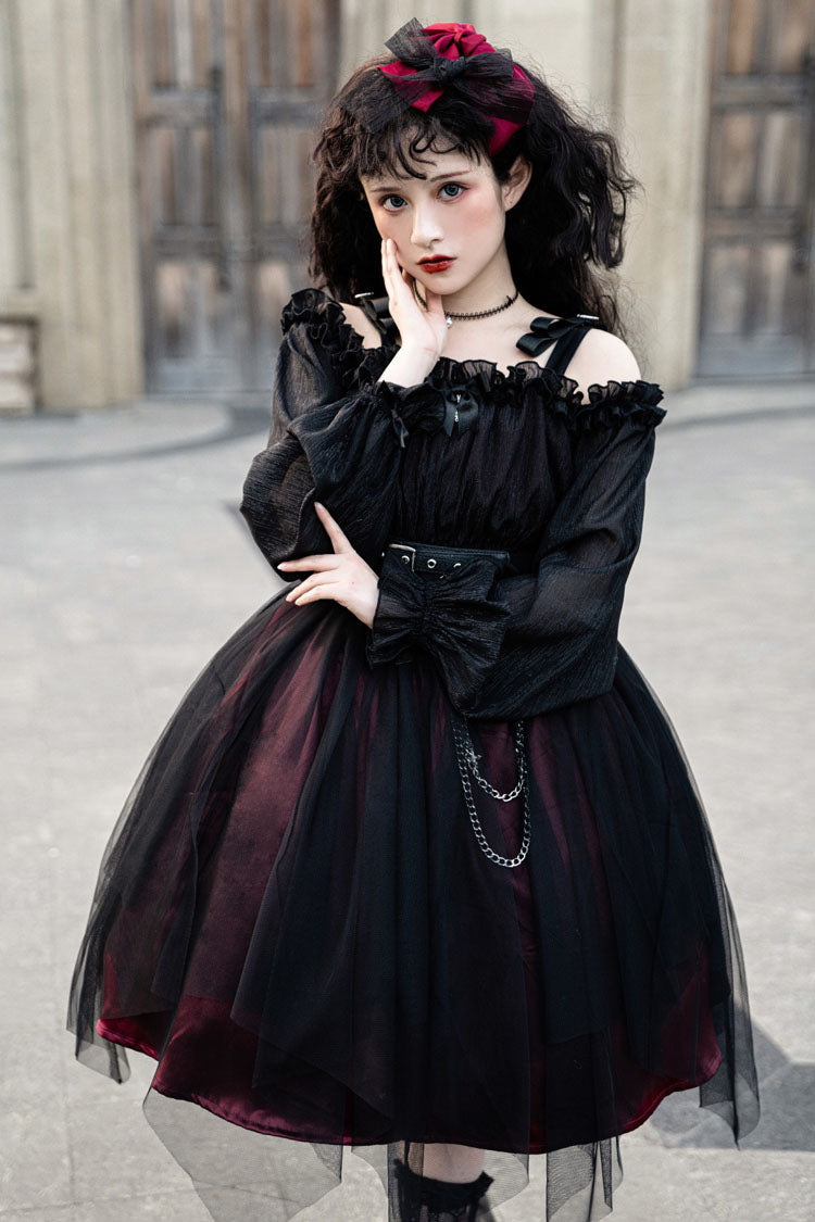 Gothic Lolita Short OP Dress with Metal Chain & Organza Trim