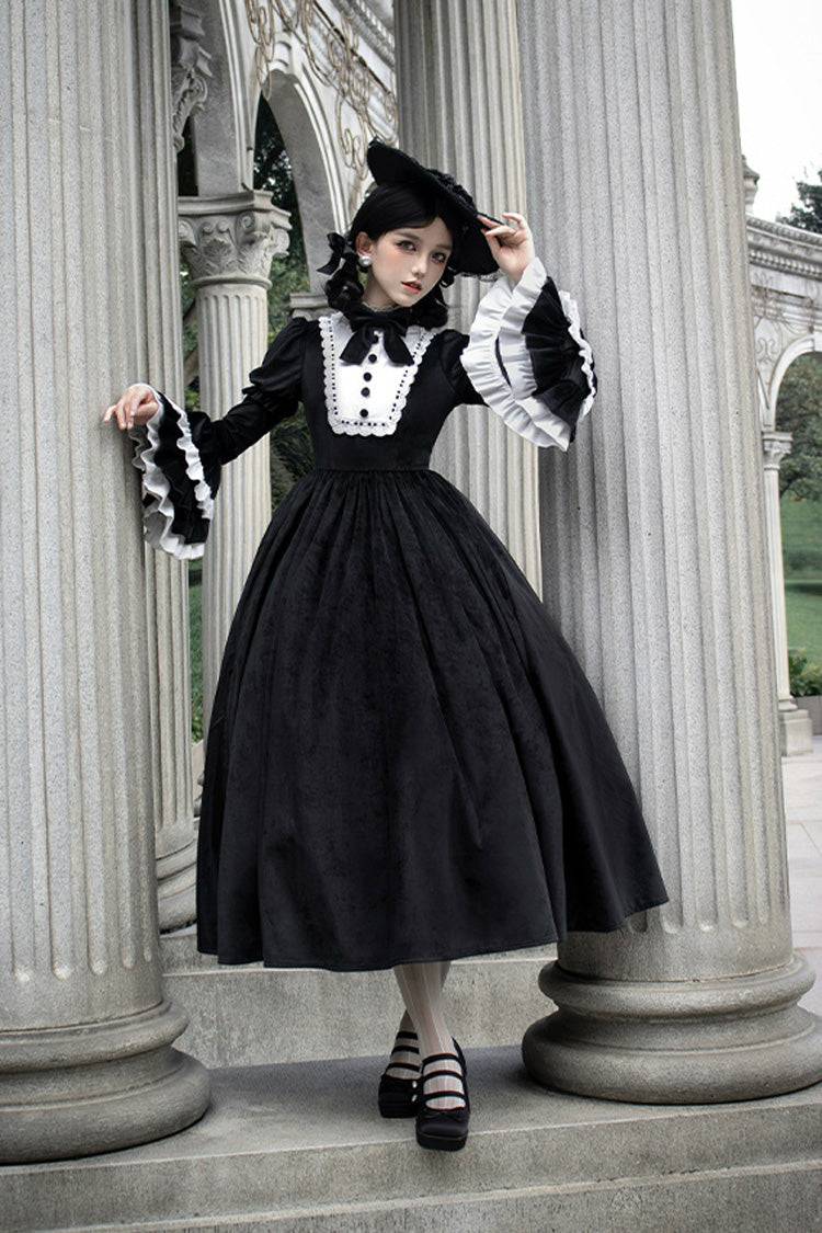 Black Sleepless Night Long Hime Sleeves Ruffle Bow Gothic Dress