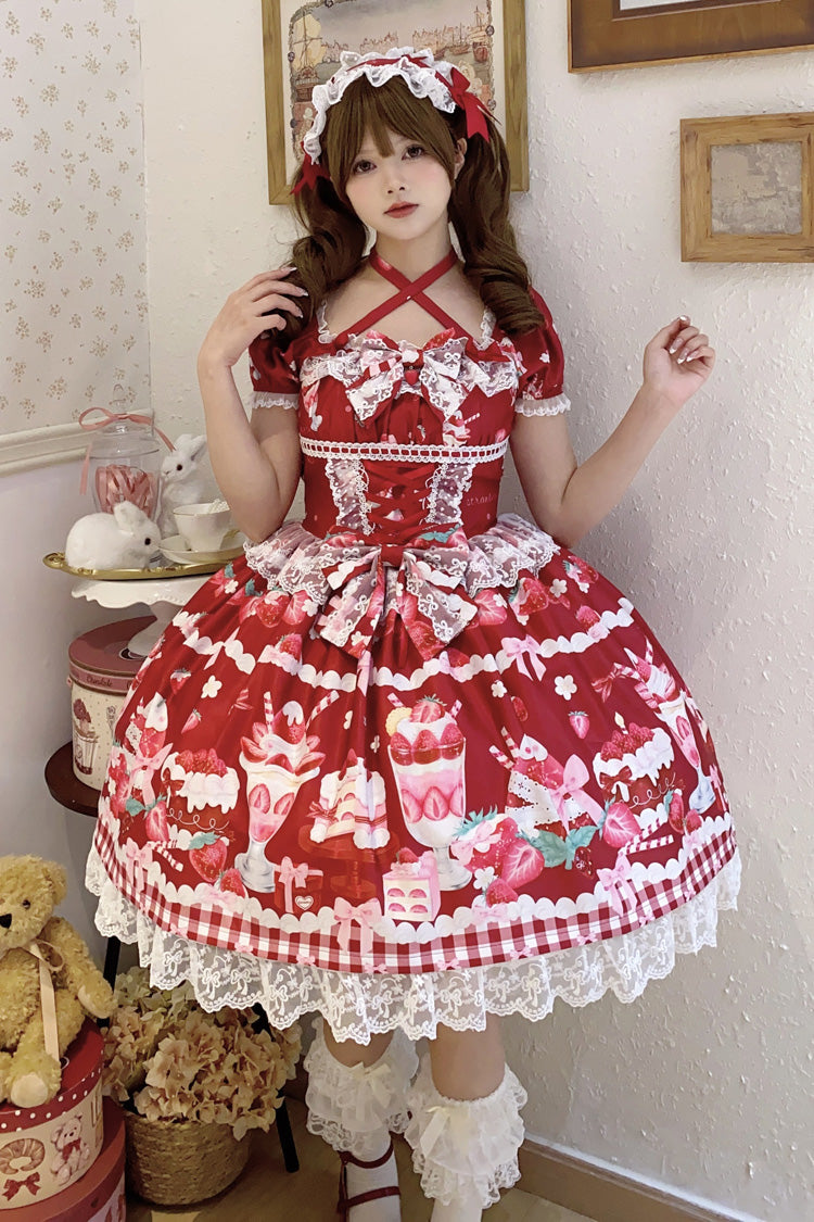 Crimson Strawberry Parfait Pattern Short Sleeve Bow Lace Corset Sweet Lolita Gown