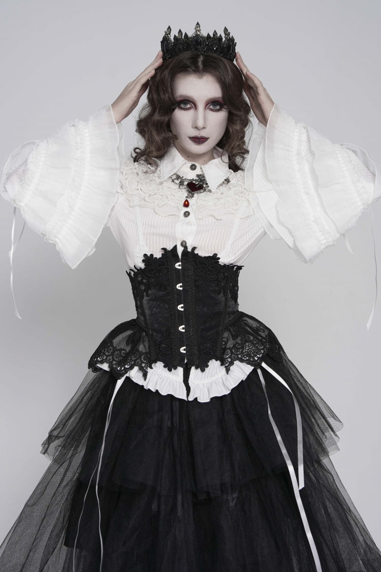 Ivory Slim Fit Women's Gothic Blouse with Trumpet Sleeves and Lace-Up