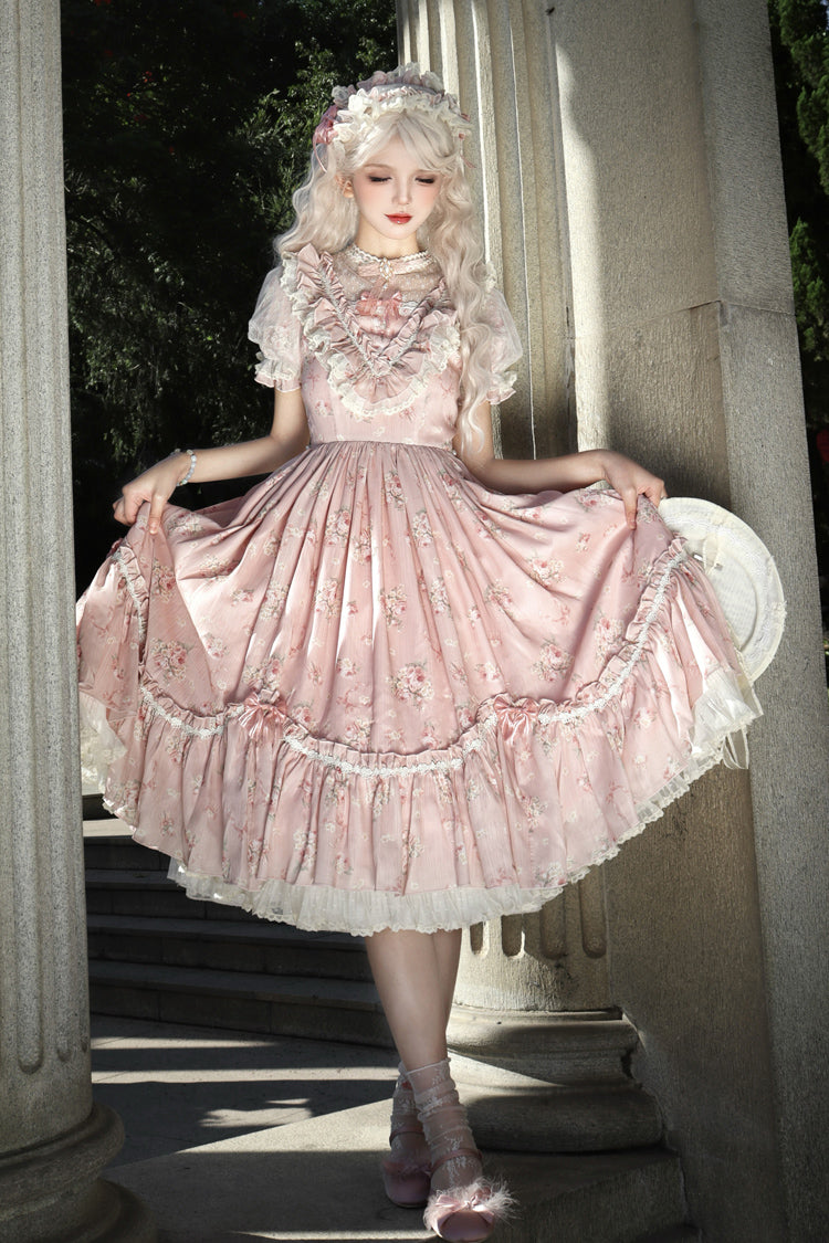 Daydream Rose Floral Jacquard Print Ruffle Embroidered Bow Sweet Lolita Dress in Three Shades