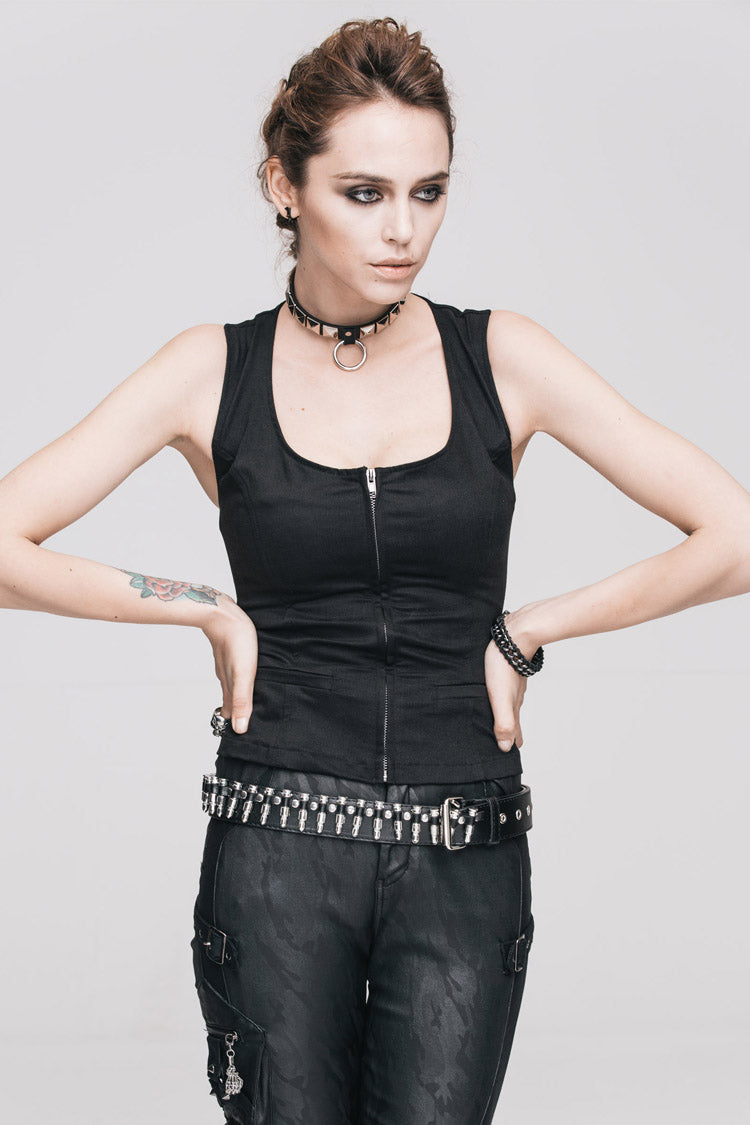 Women's Punk Tank Top in Black with Front Zip, Cut-Out Back & Belted Round Neck