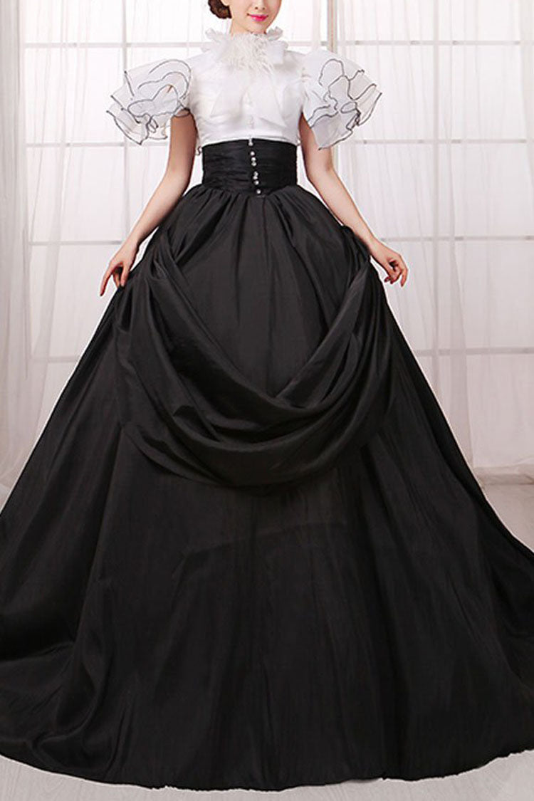 White and Black Short Sleeve Victorian Gown - Back Zipper Bowknot