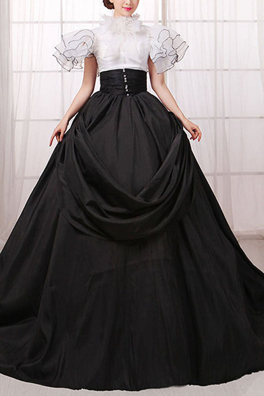 White and Black Short Sleeve Victorian Gown - Back Zipper Bowknot