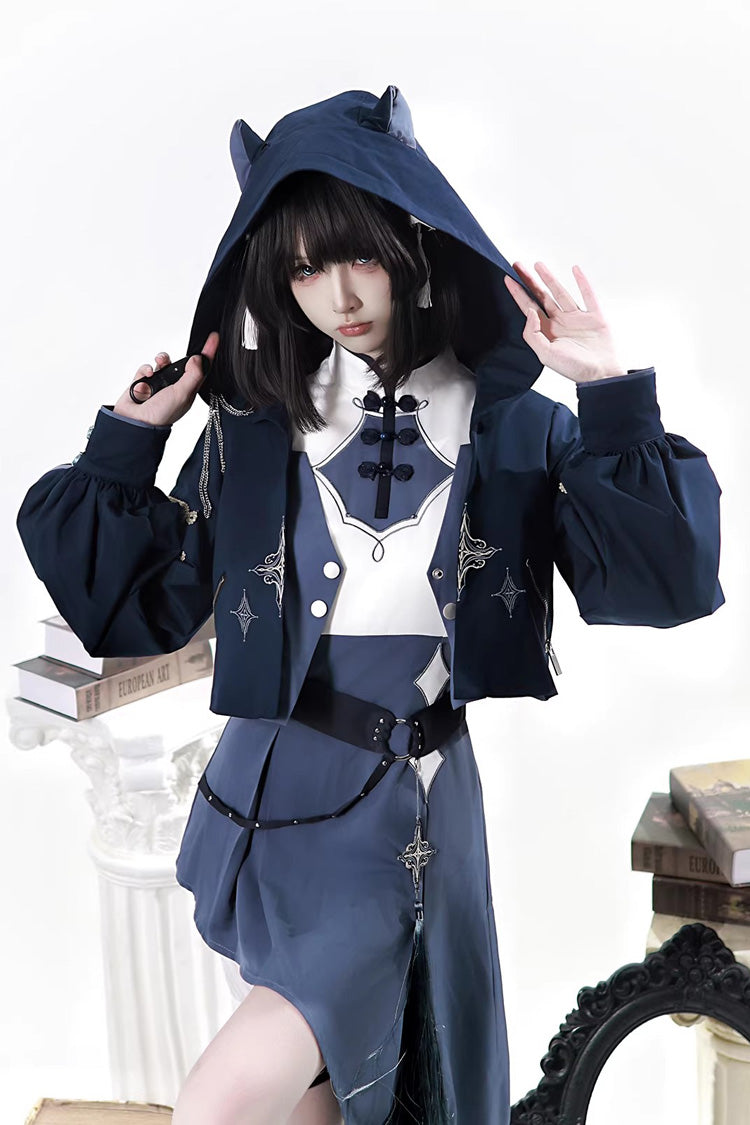 Stand Collar Long Sleeves Embroidered Hooded Asymmetric Punk Ouji Lolita Dress Four-Piece Set - Indigo Shadow Journey