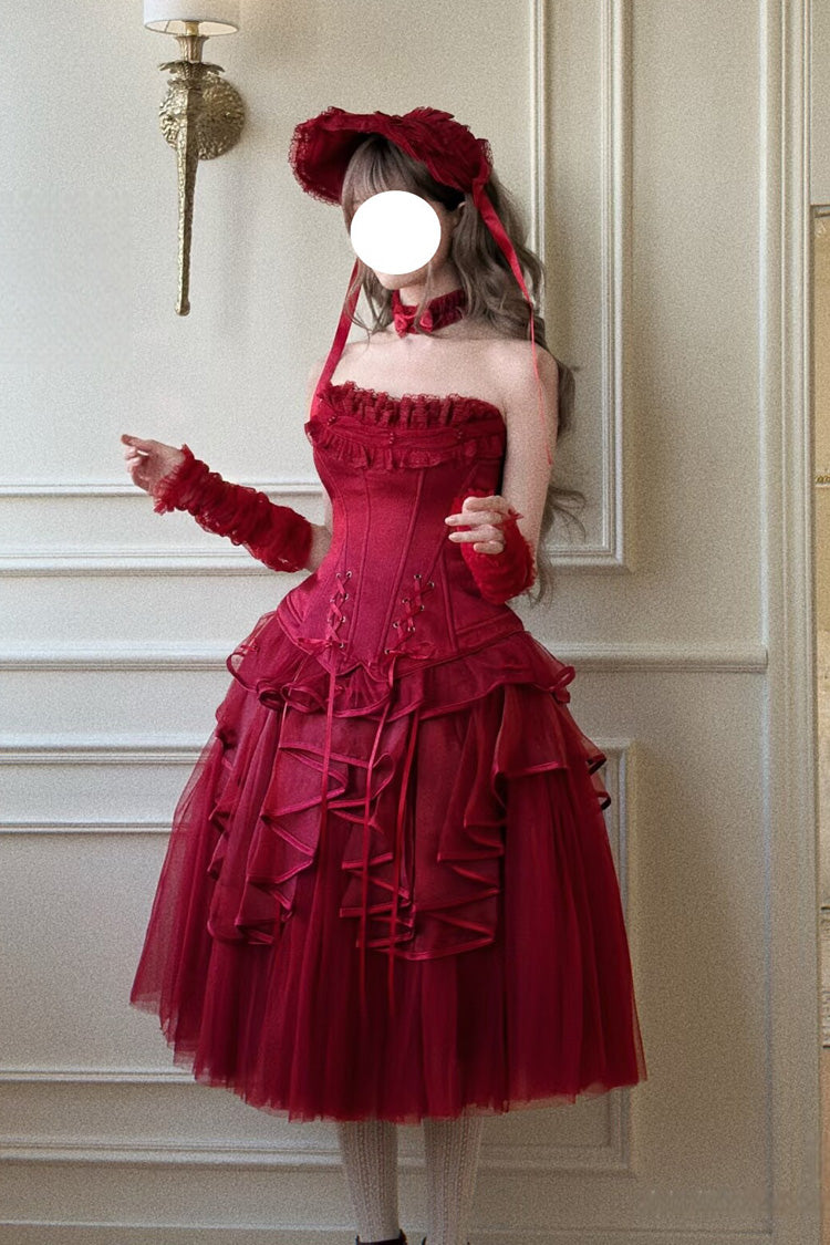 Scarlet The Summer Waves Sparkle Square Neck Sleeveless Multi-Layered Ruffled Bow Laced Slim Lolita Skirt Set