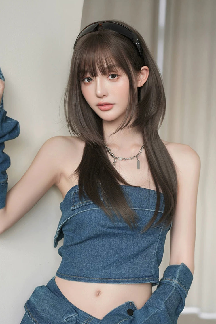 Hime Cut Long Straight Lolita Wig - High Layers Cool Brown