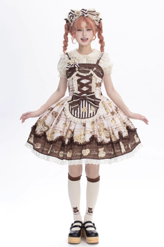 Doll Tea Party Sleeveless Printed Ruffle Bow Corset Sweet Lolita JSK Dress in Three Shades