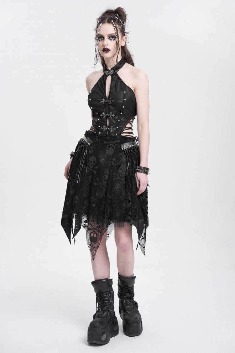 Black Halterneck Sleeveless Skull Print Asymmetrical Punk Gown