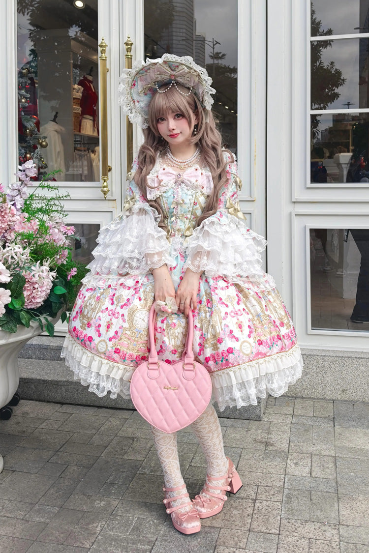 Mint Green/Pink [Rose Garden Prelude] Square Collar Long Trumpet Sleeves Printed Ruffled Bow Lace Lace-Up Sweet Lolita Dress