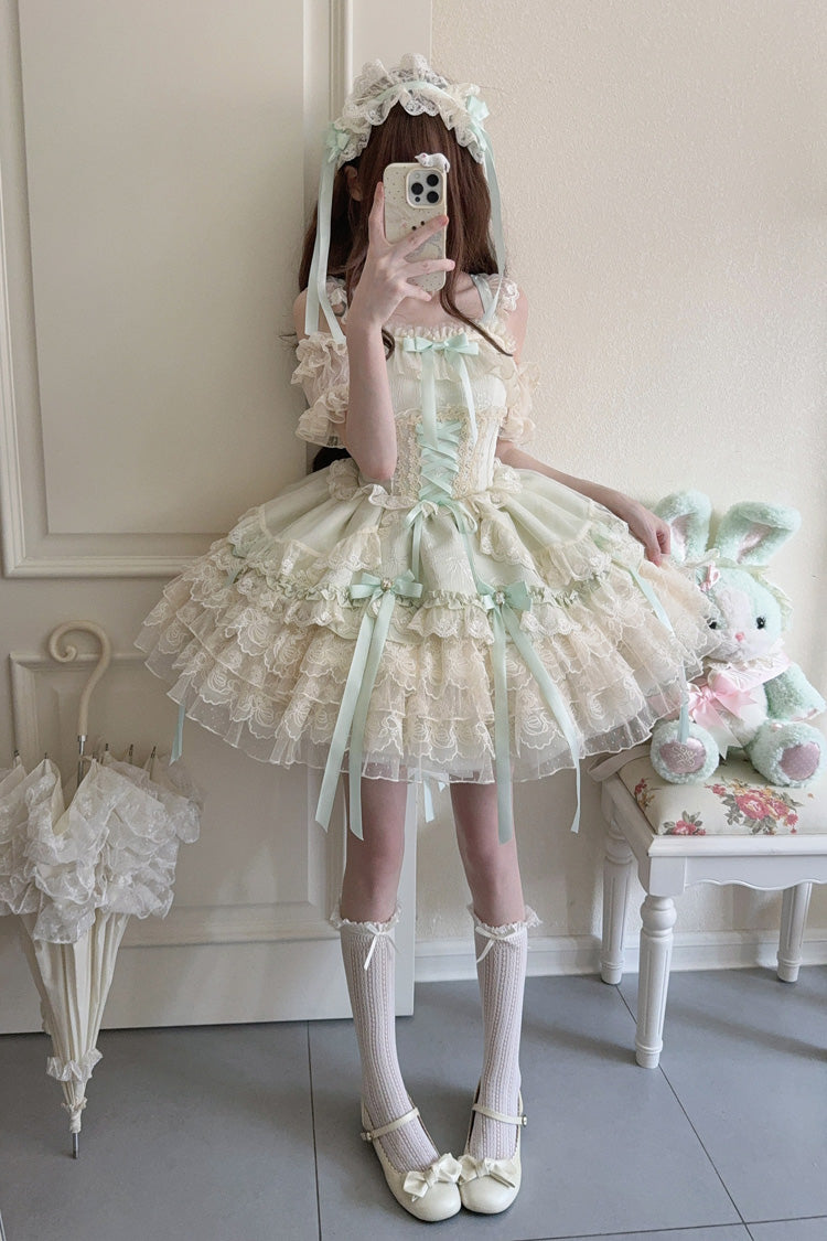 Emerald Sleeveless Layered Ruffle Bow Lace Corset Ballet Jumper Dress - Ribbon Heart Love
