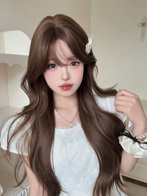Brown Length Wavy Wig Air With Bangs 71CM