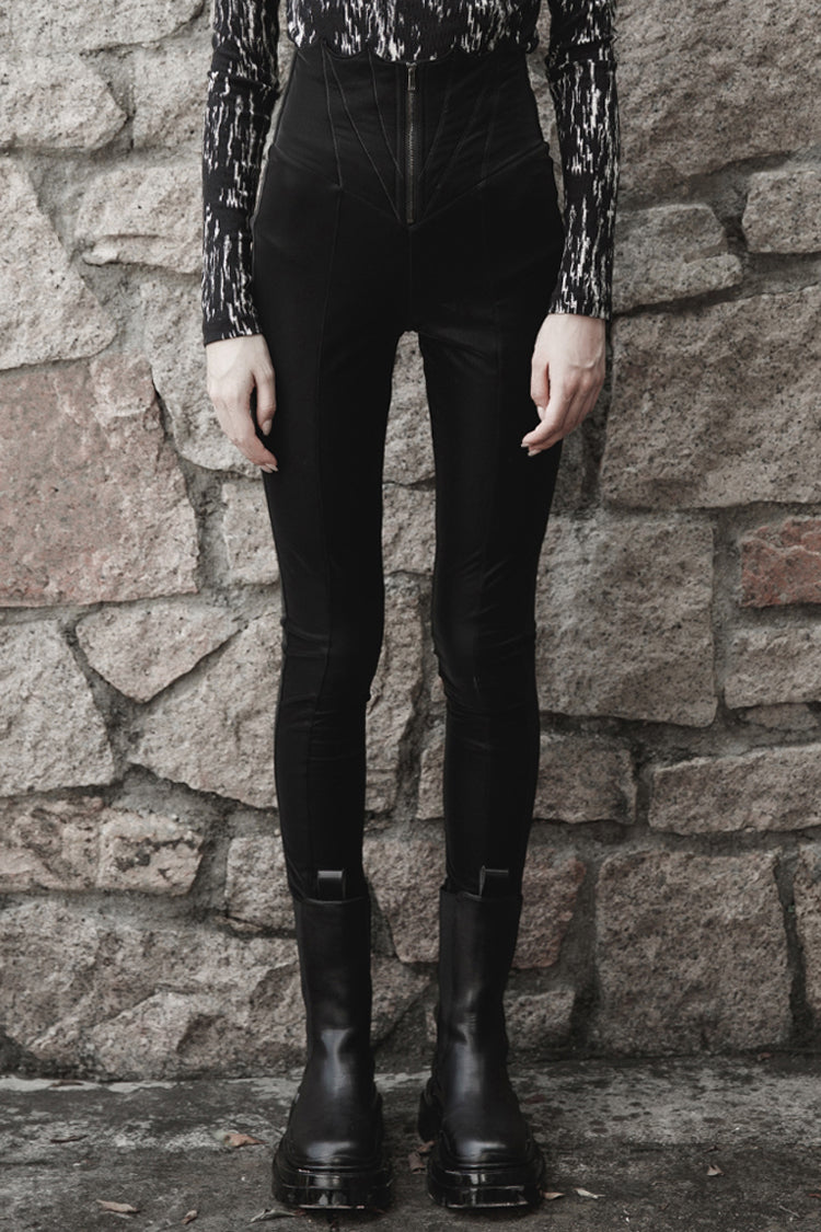 Punk Leather Pants with Bat Embroidery, Elastic Waist and Metal Zipper
